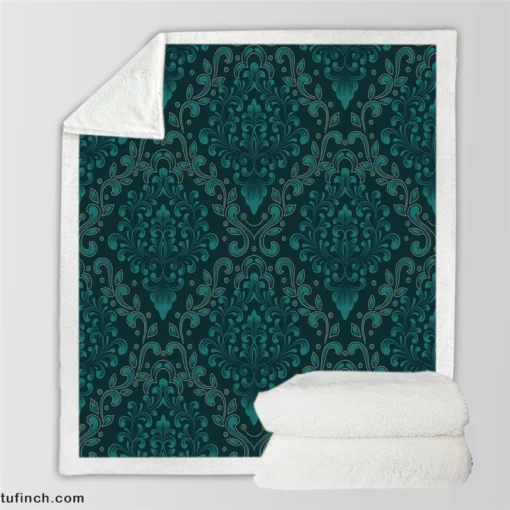 Dark Pine Green Damask Pattern Sherpa Fleece Blanket