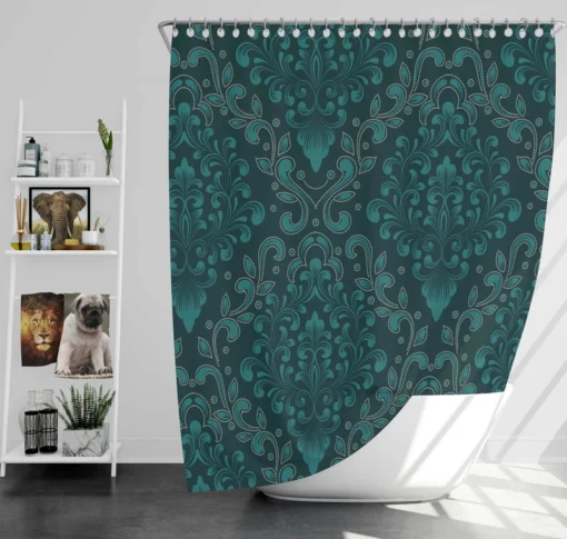 Dark Pine Green Damask Pattern Shower Curtain