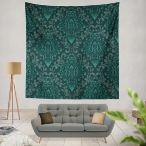 Dark Pine Green Damask Pattern Wall Tapestry