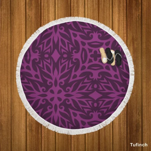 Dark Purple Light Purple Tribal Floral Round Beach Towel