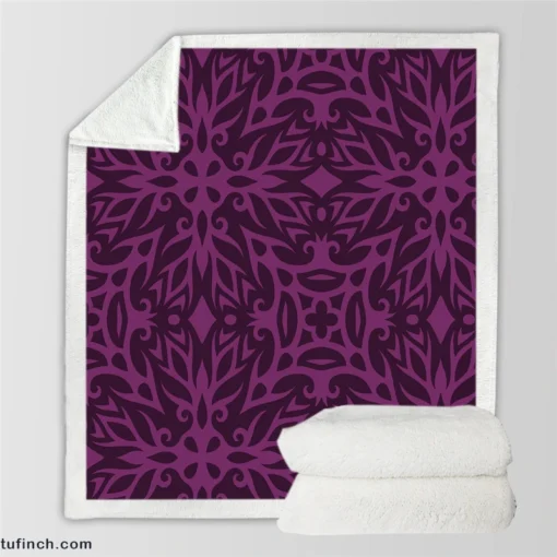 Dark Purple Light Purple Tribal Floral Sherpa Fleece Blanket