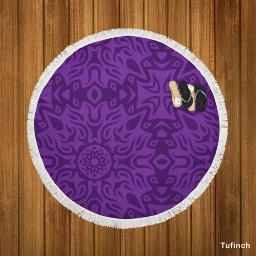 Dark Violet Tribal Floral Design Round Beach Towel