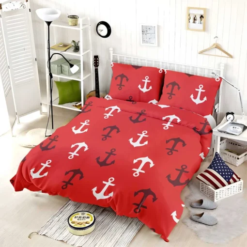 Deep Brown White Anchors On Red Background Bedding Set