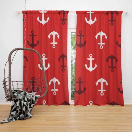 Deep Brown White Anchors On Red Background Curtain