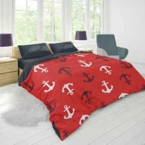 Deep Brown White Anchors On Red Background Duvet Cover 1