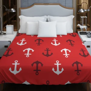 Deep Brown White Anchors On Red Background Duvet Cover