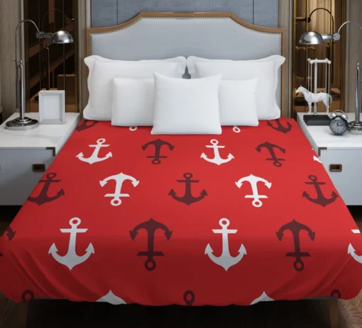 Deep Brown White Anchors On Red Background Duvet Cover