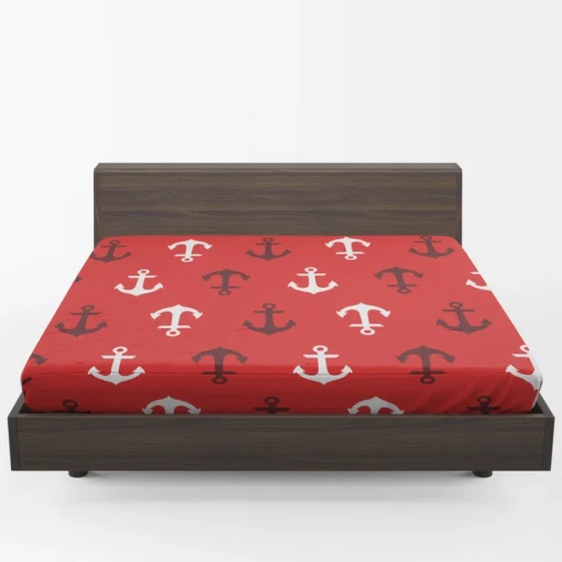 Deep Brown White Anchors On Red Background Fitted Sheet 1