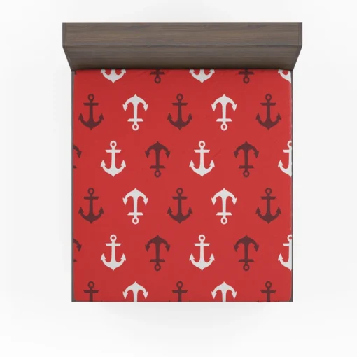 Deep Brown White Anchors On Red Background Fitted Sheet