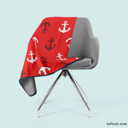 Deep Brown White Anchors On Red Background Fleece Blanket 2