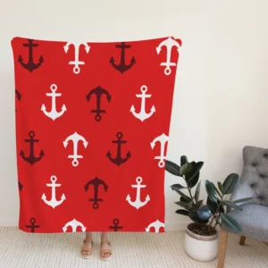 Deep Brown White Anchors On Red Background Fleece Blanket