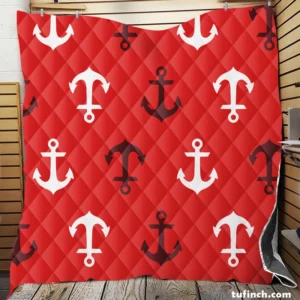 Deep Brown White Anchors On Red Background Quilt Blanket