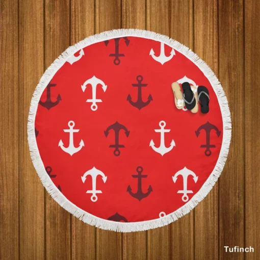 Deep Brown White Anchors On Red Background Round Beach Towel