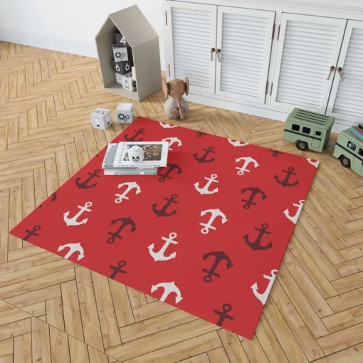 Deep Brown White Anchors On Red Background Rug 1