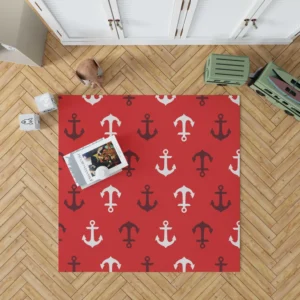 Deep Brown White Anchors On Red Background Rug