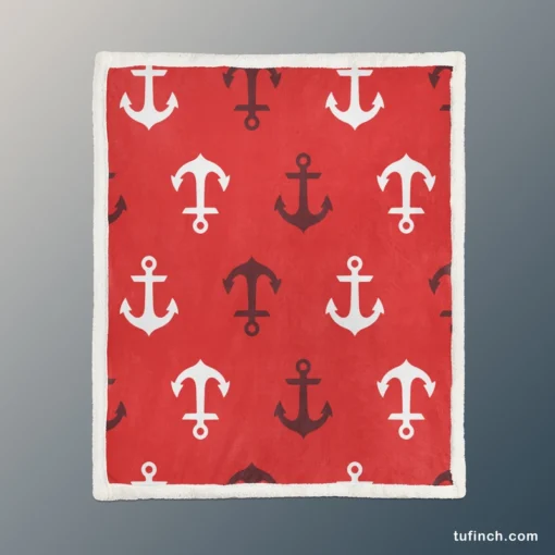 Deep Brown White Anchors On Red Background Sherpa Fleece Blanket 1