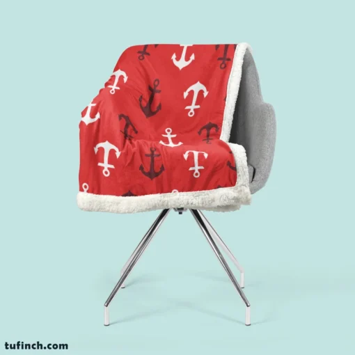 Deep Brown White Anchors On Red Background Sherpa Fleece Blanket 2