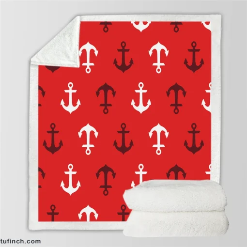 Deep Brown White Anchors On Red Background Sherpa Fleece Blanket