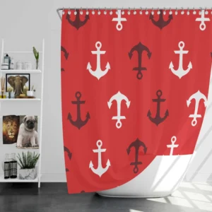 Deep Brown White Anchors On Red Background Shower Curtain