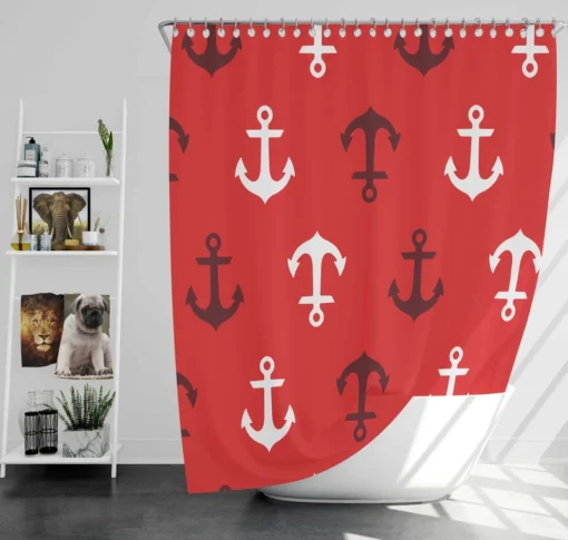 Deep Brown White Anchors On Red Background Shower Curtain