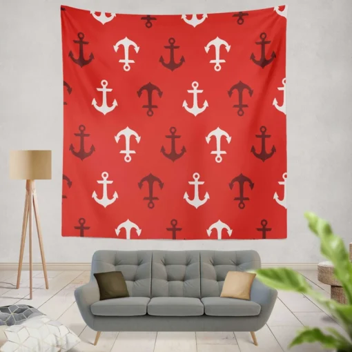 Deep Brown White Anchors On Red Background Wall Tapestry