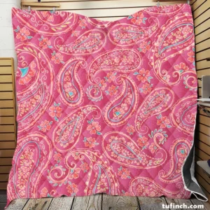 Deep Peach Pretty Paisley On Medium Pink Quilt Blanket