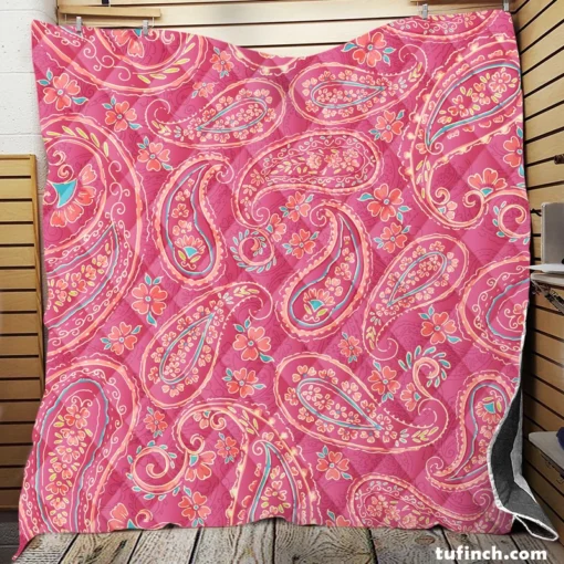 Deep Peach Pretty Paisley On Medium Pink Quilt Blanket