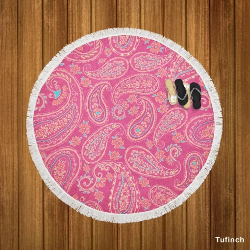 Deep Peach Pretty Paisley On Medium Pink Round Beach Towel