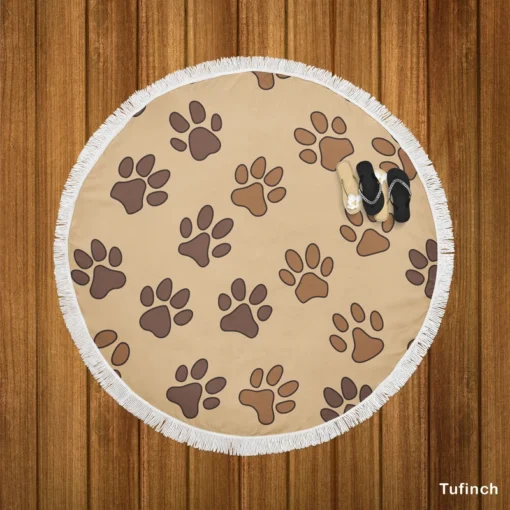 Dog Cat Paw Prints Brown Design Round Beach Towel