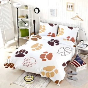 Dog Paw Brown White Print Bedding Set