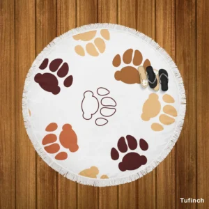 Dog Paw Brown White Print Round Beach Towel