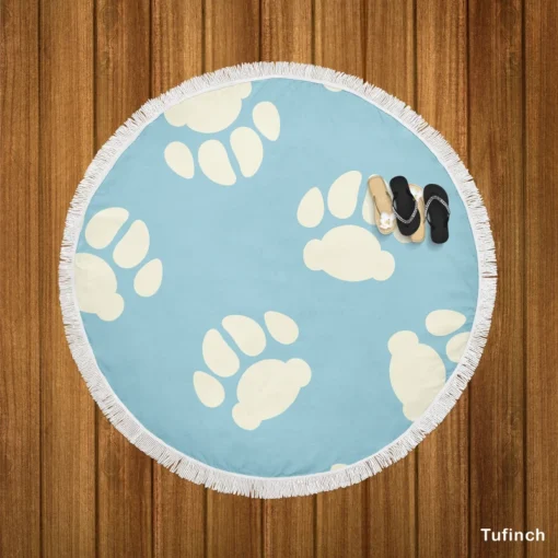 Dog Paw Prints Light Blue Round Beach Towel