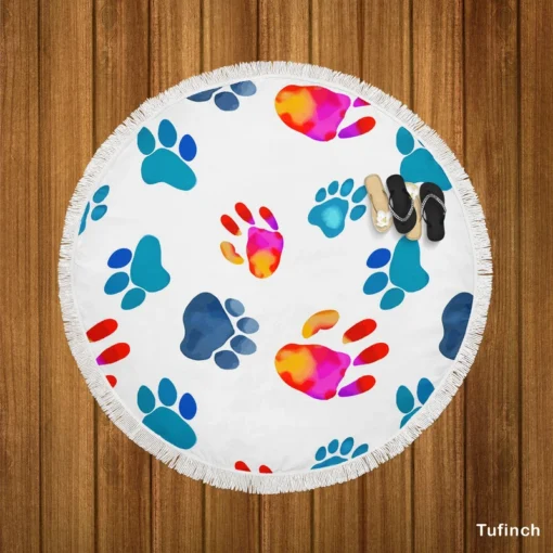 Dog Paw Sketch Colored Round Beach Towel