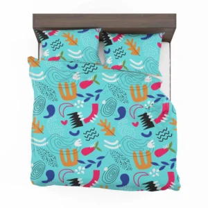 Doodle Pattern on Turquoise Blue Background Bedding Set 1