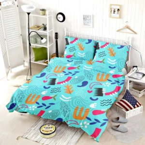 Doodle Pattern on Turquoise Blue Background Bedding Set