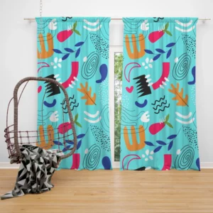 Doodle Pattern on Turquoise Blue Background Curtain