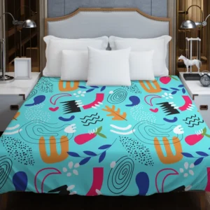 Doodle Pattern on Turquoise Blue Background Duvet Cover