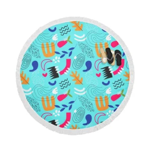 Doodle Pattern on Turquoise Blue Background Round Beach Towel