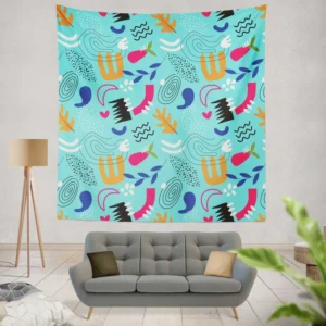 Doodle Pattern on Turquoise Blue Background Wall Tapestry