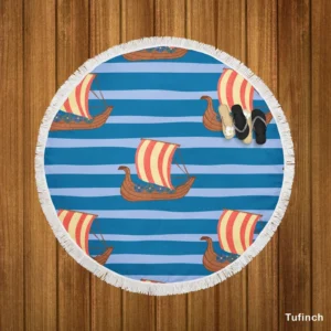 Drakkar Viking Ship Pattern Round Beach Towel