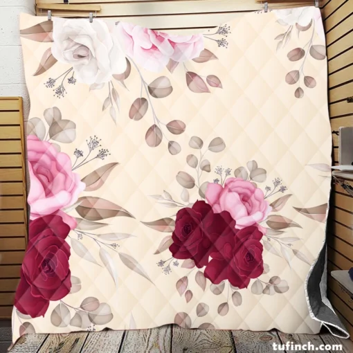 Elegant Red Pink Roses Quilt Blanket