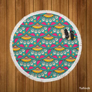 Ethnic Doodle Design In Retro Colors Round Beach Towel