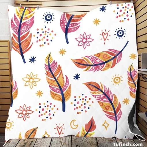 Ethnic Feather Boho Pattern Quilt Blanket