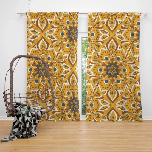 Ethnic Floral Design Bee Yellow Color Curtain