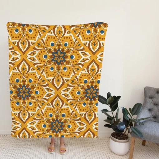 Ethnic Floral Design Bee Yellow Color Fleece Blanket