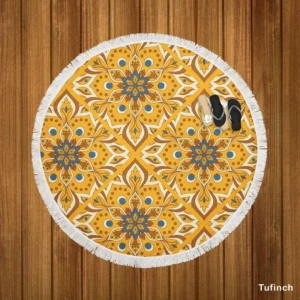 Ethnic Floral Design Bee Yellow Color Round Beach Towel