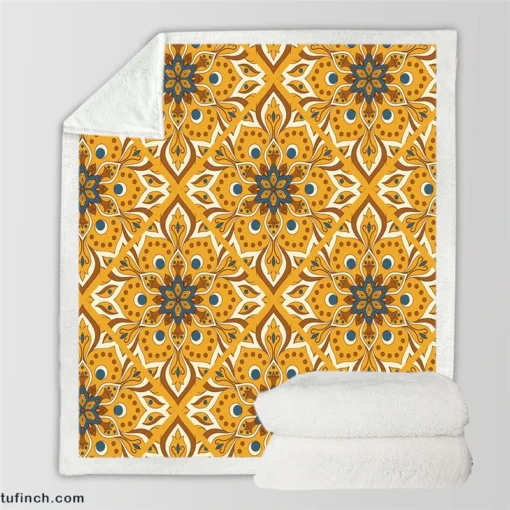 Ethnic Floral Design Bee Yellow Color Sherpa Fleece Blanket