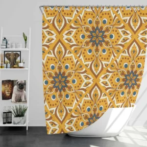 Ethnic Floral Design Bee Yellow Color Shower Curtain