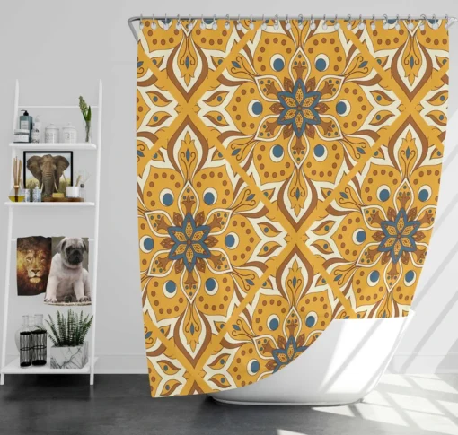 Ethnic Floral Design Bee Yellow Color Shower Curtain