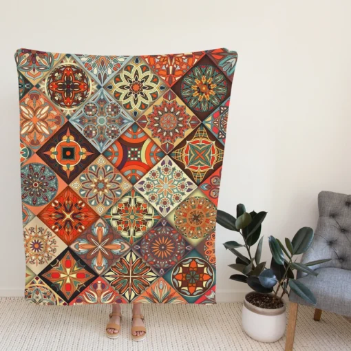 Ethnical Floral Mandala In Orange Fleece Blanket